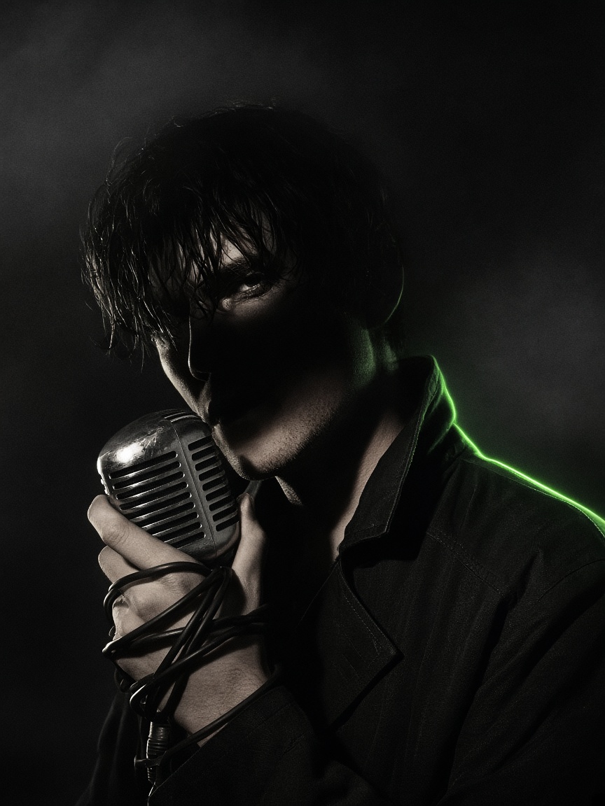 AoM holding a vintage microphone, face in shadow