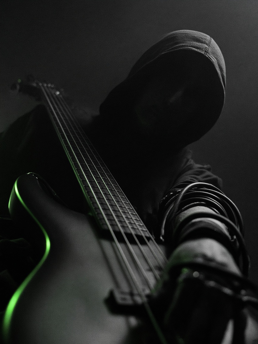 ohm with a bass guitar, face hidden under a hood