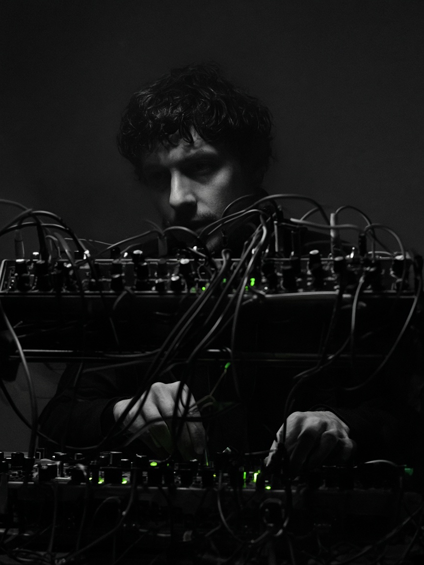 tumor behind a wall of modular synthesizer cables