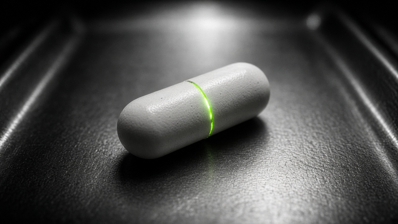 Cover art for Treatment 01: a white capsule with a thin green seam on a steel tray