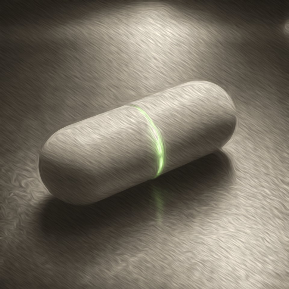 Intake, the painting used for the Treatment 01 cover: a capsule on a steel tray