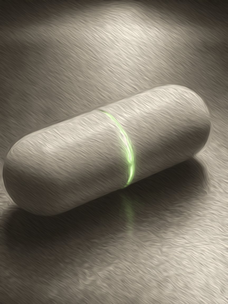 Oil painting of a capsule on a steel tray