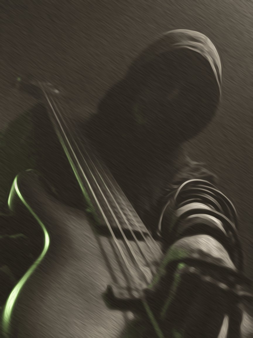 Oil painting of a hooded bass player