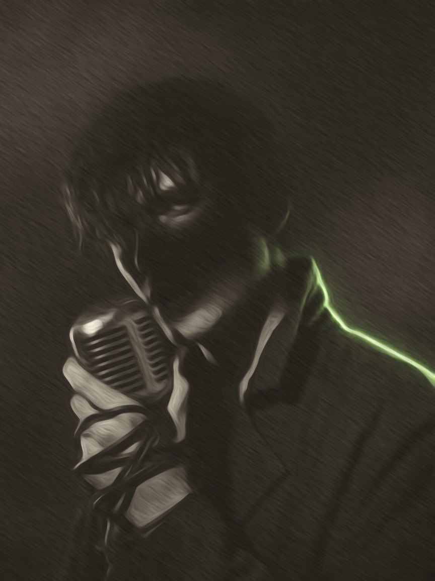 Oil painting of a singer at a vintage microphone