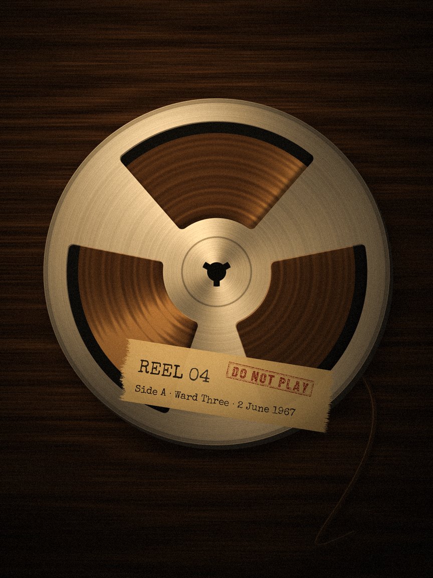 Reel of audio tape labelled Reel 04, do not play