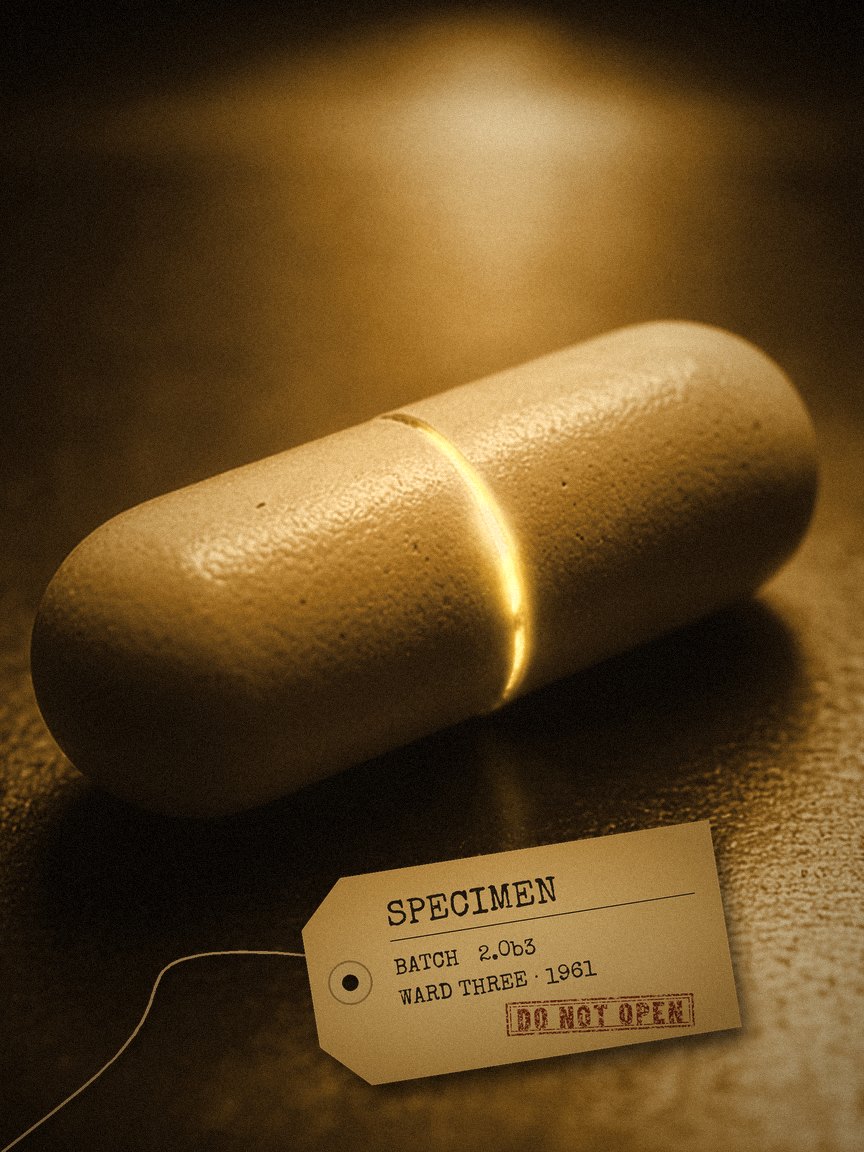 A capsule on a steel tray with a paper specimen tag