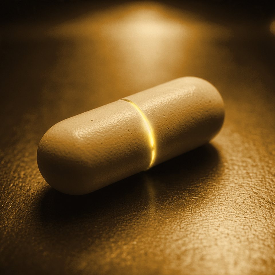 Treatment 01 cover art in amber: a capsule on a steel tray under a single lamp