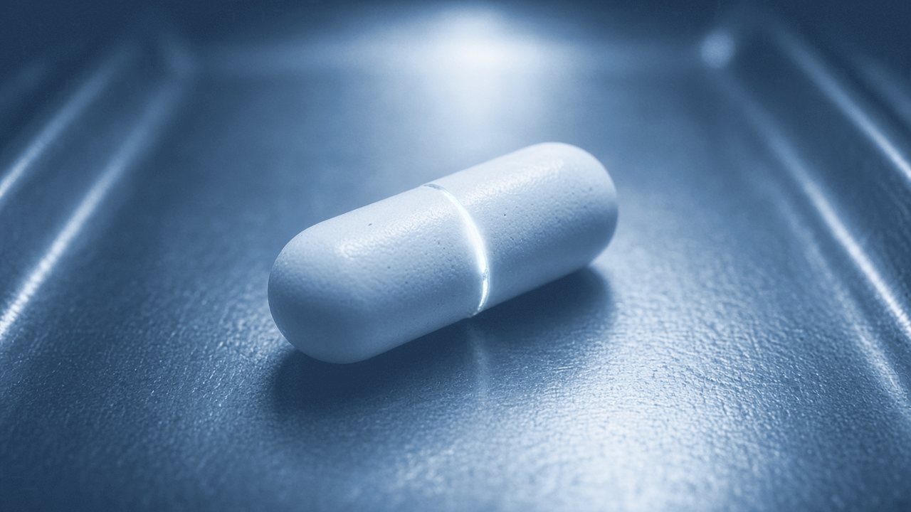 Cover art for Treatment 01: a white capsule with a thin pale blue seam on a steel tray