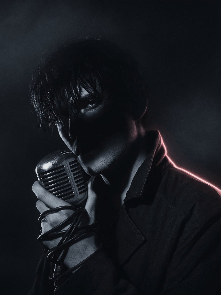 AoM holding a vintage microphone, face in shadow
