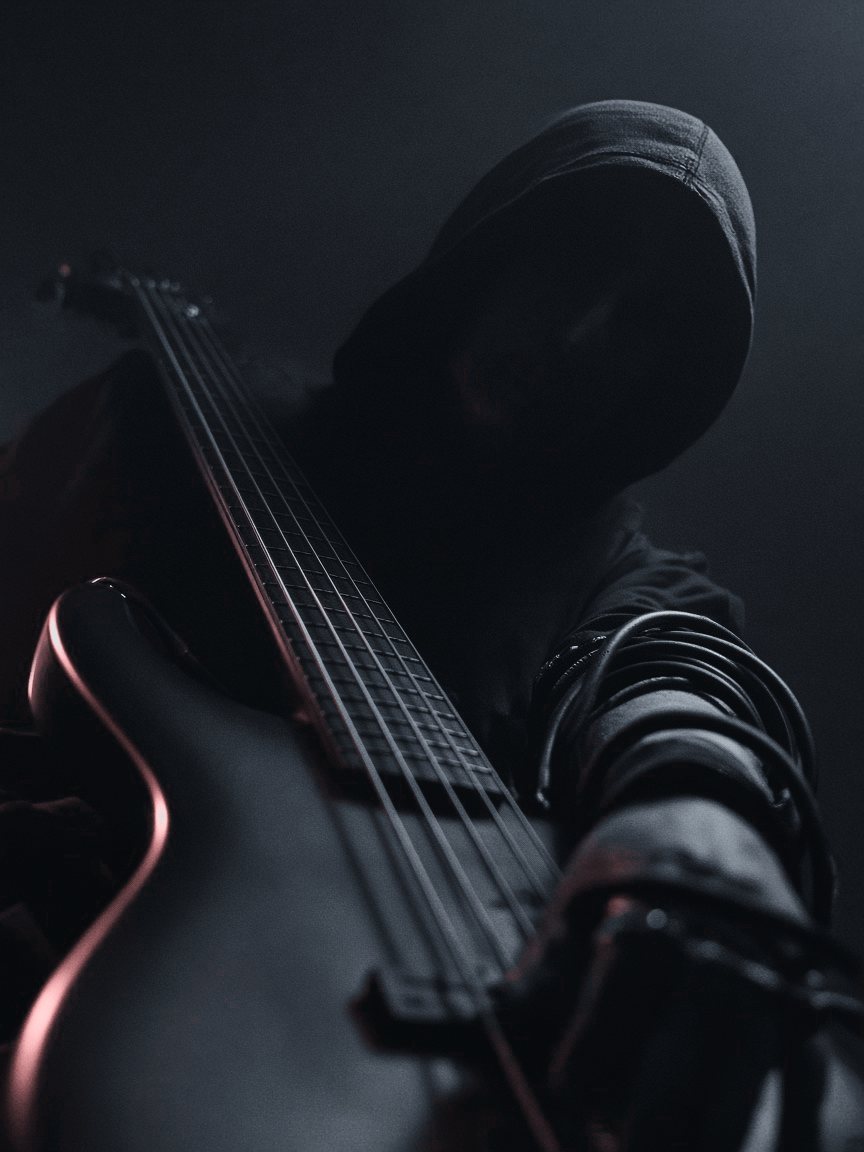 ohm with a bass guitar, face hidden under a hood