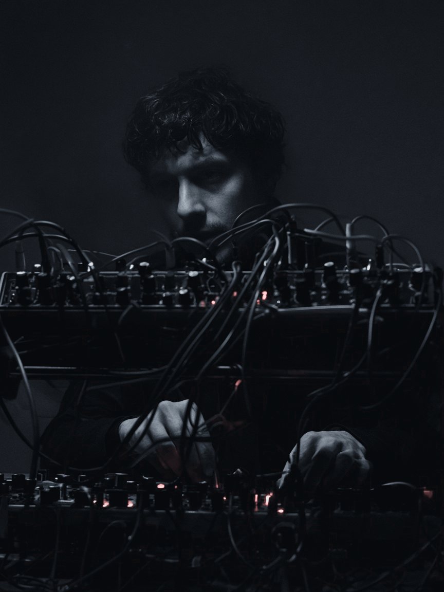 tumor behind a wall of modular synthesizer cables