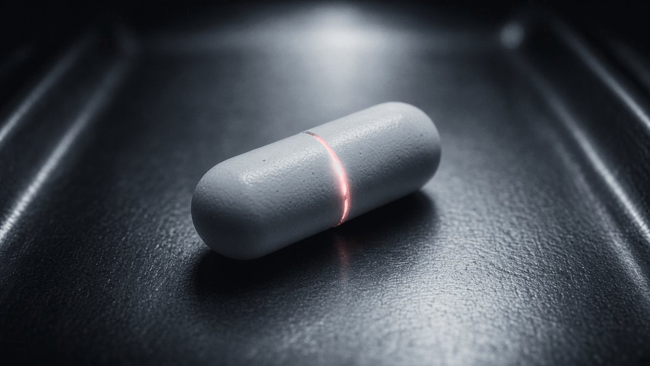 Cover art for Treatment 01: a gray capsule with a thin red seam on a steel tray
